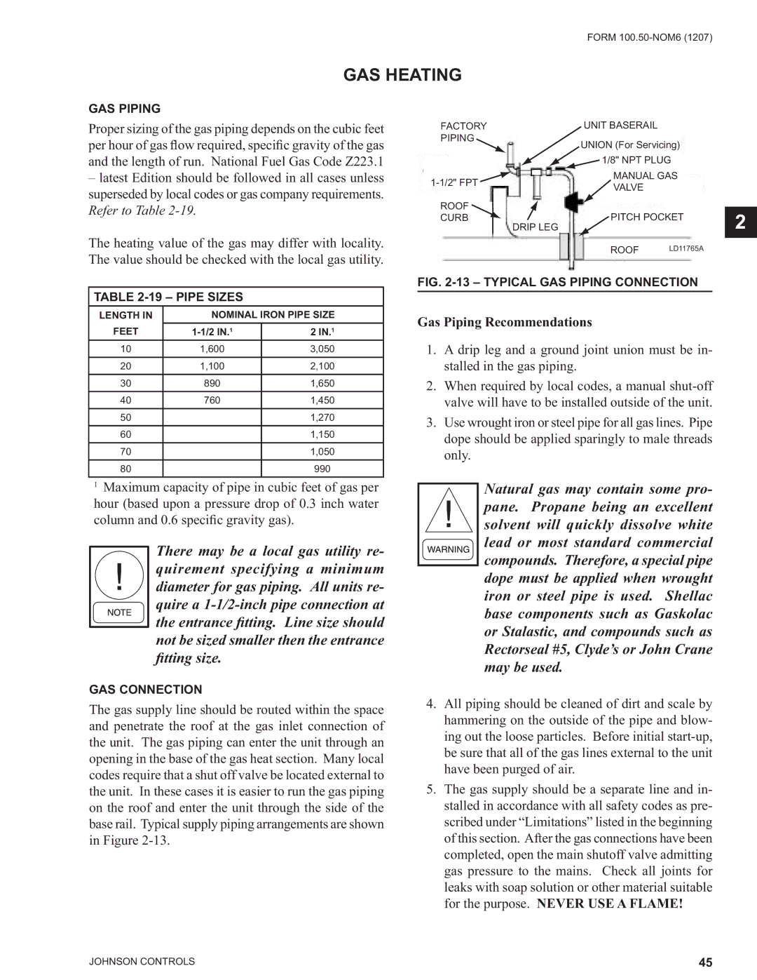 York YPAL 050, YPAL 061, YPAL 051, YPAL 060 GAS Heating, Gas Piping Recommendations, GAS Piping, Pipe Sizes, GAS Connection 