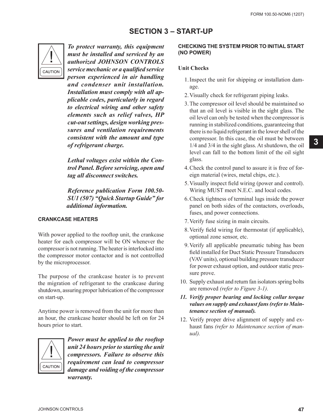 York YPAL 060, YPAL 061, YPAL 050, YPAL 051 manual Start-Up, Unit Checks, Crankcase Heaters 