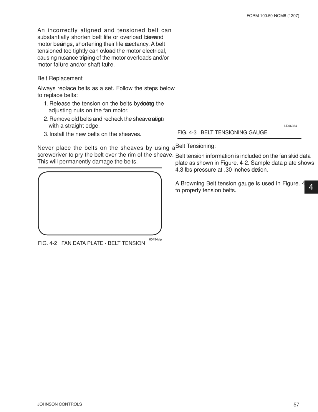 York YPAL 050, YPAL 061, YPAL 051, YPAL 060 manual Belt Replacement, Belt Tensioning 