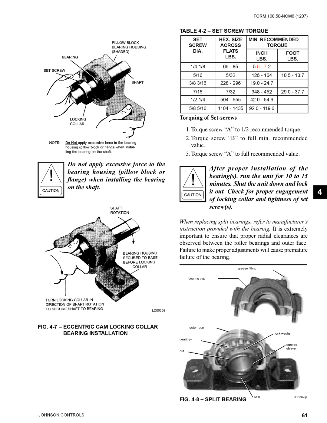 York YPAL 050, YPAL 061, YPAL 051, YPAL 060 manual Torquing of Set-screws 