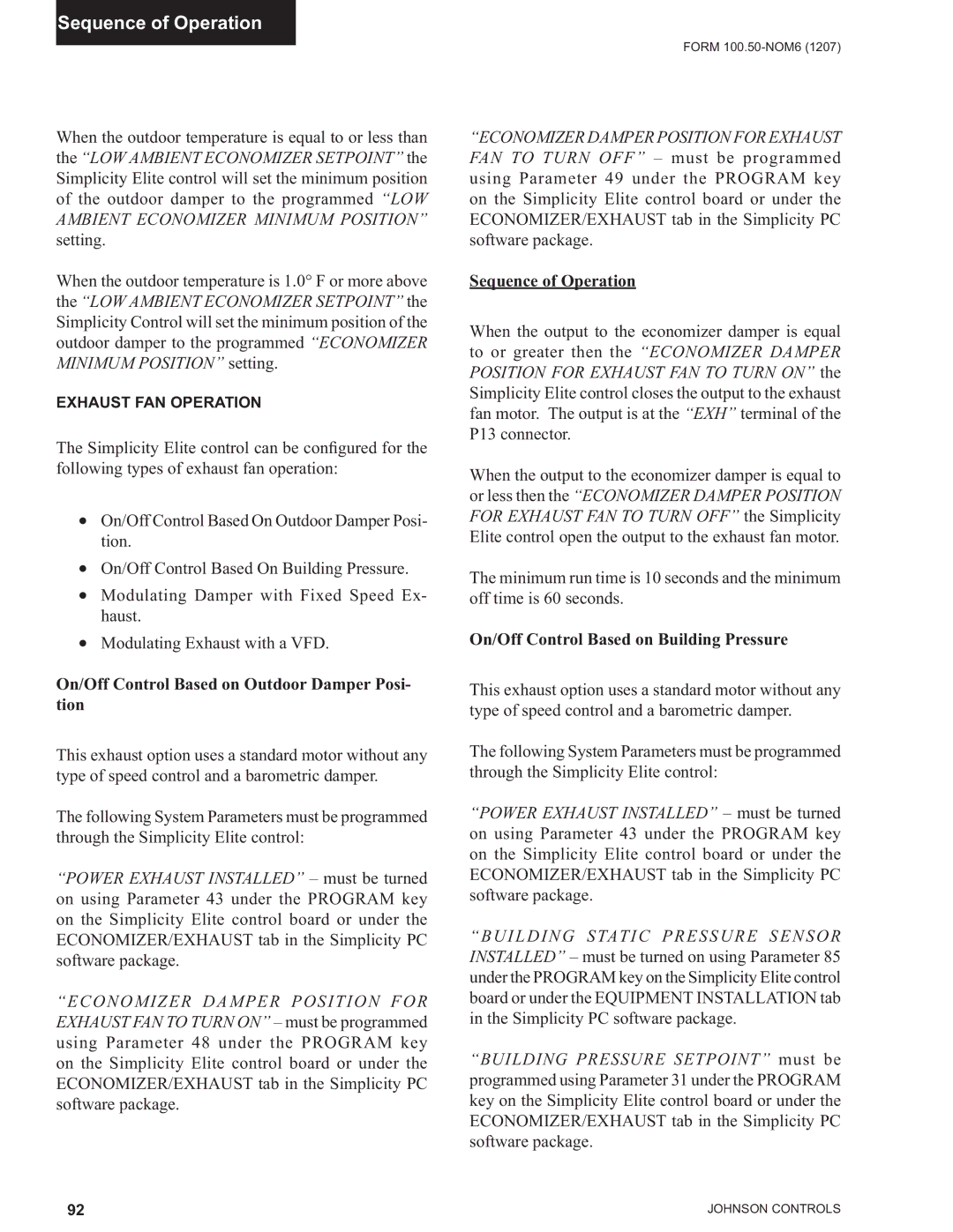 York YPAL 061, YPAL 050 manual On/Off Control Based on Outdoor Damper Posi- tion, On/Off Control Based on Building Pressure 