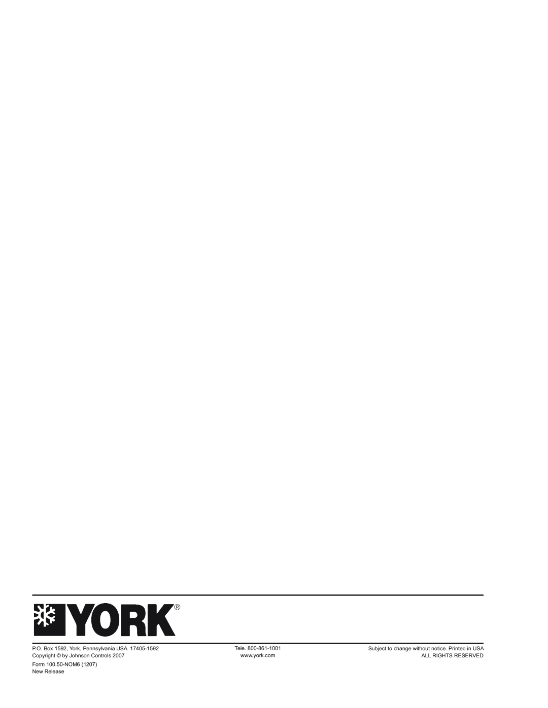York YPAL 061 Form 100.50-NOM6 New Release, Tele, Subject to change without notice. Printed in USA, All Rights Reserved 