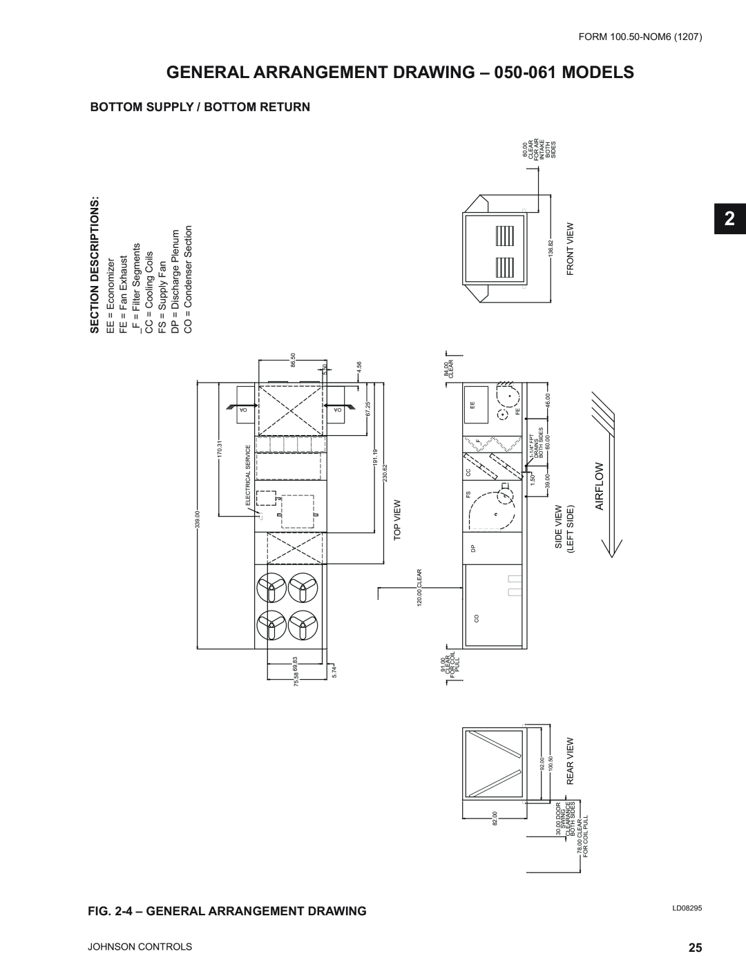 York YPAL 050, YPAL 061 General, Arrangement Drawing, Models, Bottom Supply / Bottom, Return, Airflow, Top View, Side View 