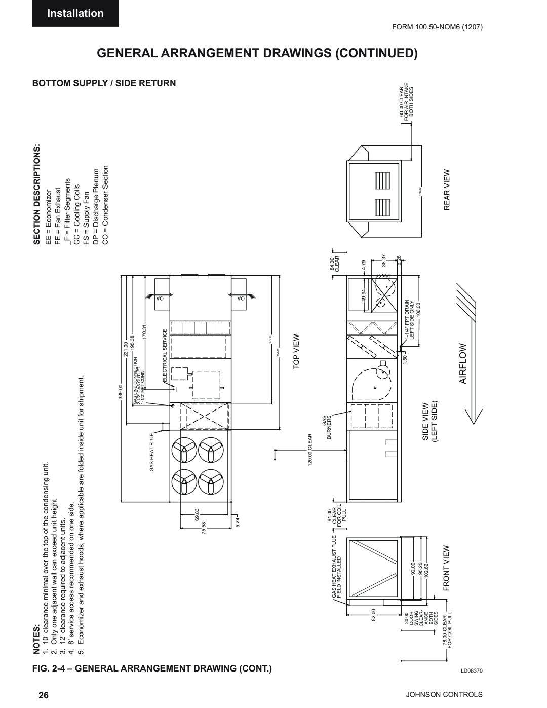 York YPAL 051 Installation, General Arrangement Drawing Cont, Bottom Supply / Side Return, Airflow, Front View 