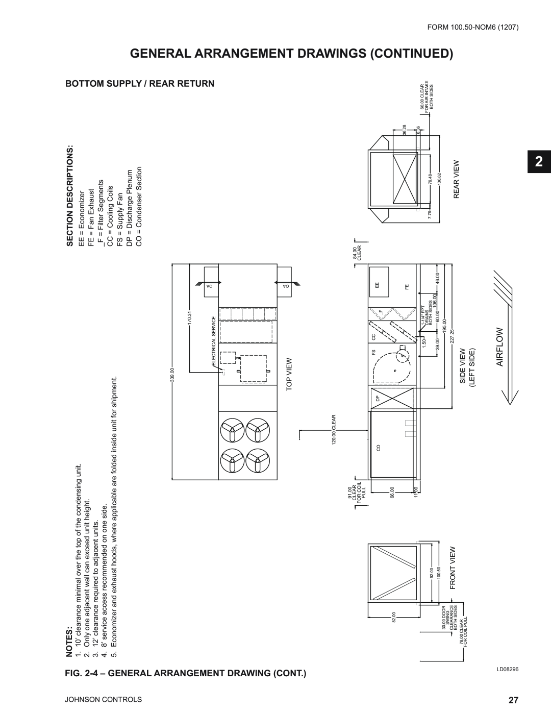 York YPAL 060 manual Continued, General Arrangementdrawings, Arrangement Drawing Cont, Bottom Supply / Rear Return, Airflow 