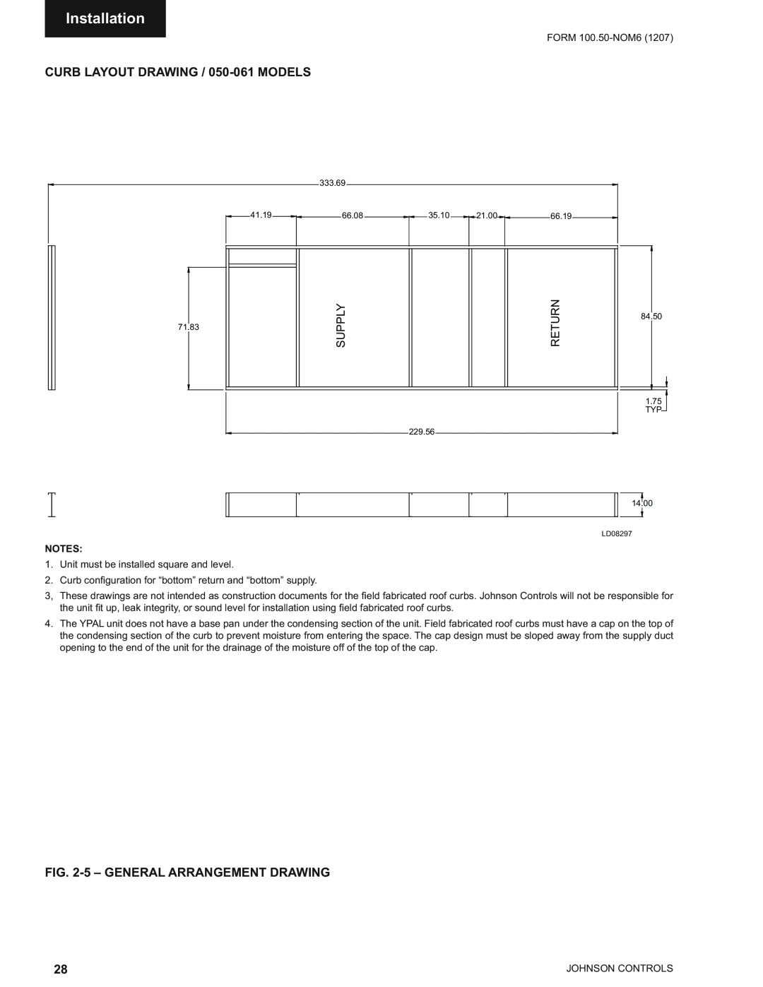 York YPAL 061 manual Installation, CURB LAYOUT DRAWING / 050-061 MODELS, 5 - GENERAL ARRANGEMENT DRAWING, Supply, Return 