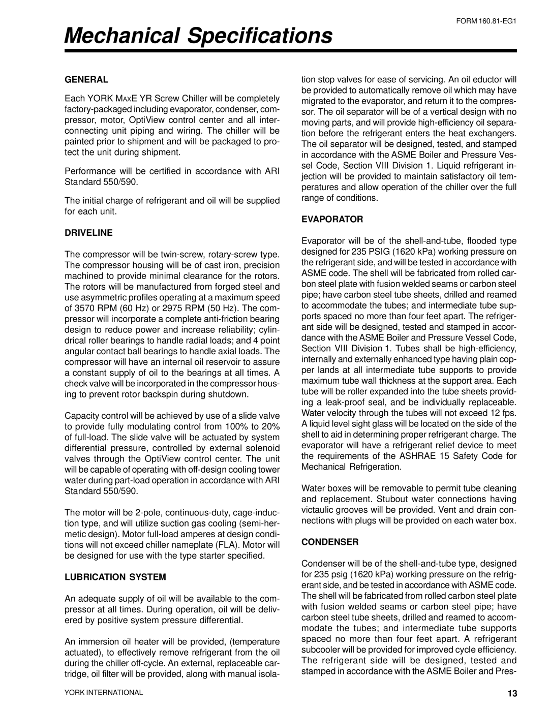 York YR manual Mechanical Specifications 