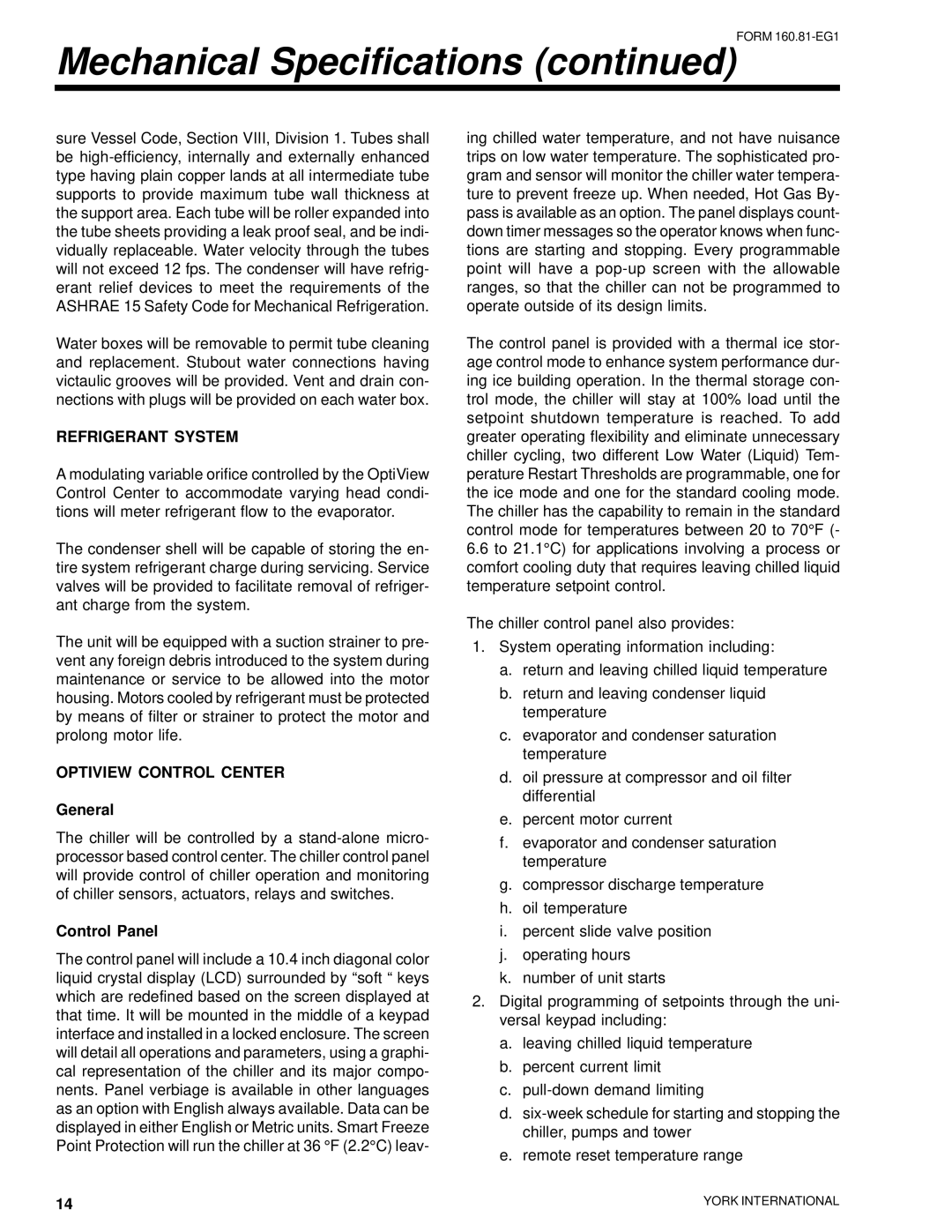 York YR manual Mechanical Specifications Form 160.81-EG1, Refrigerant System, General, Control Panel 