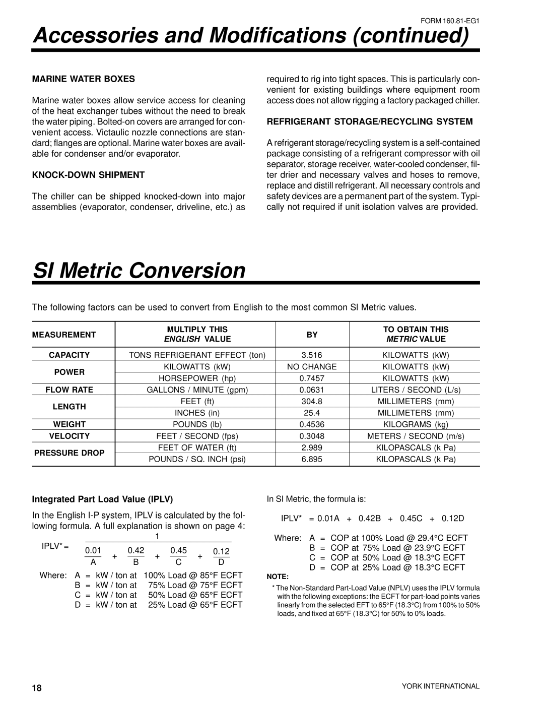 York YR manual SI Metric Conversion, Marine Water Boxes, KNOCK-DOWN Shipment, Refrigerant STORAGE/RECYCLING System 