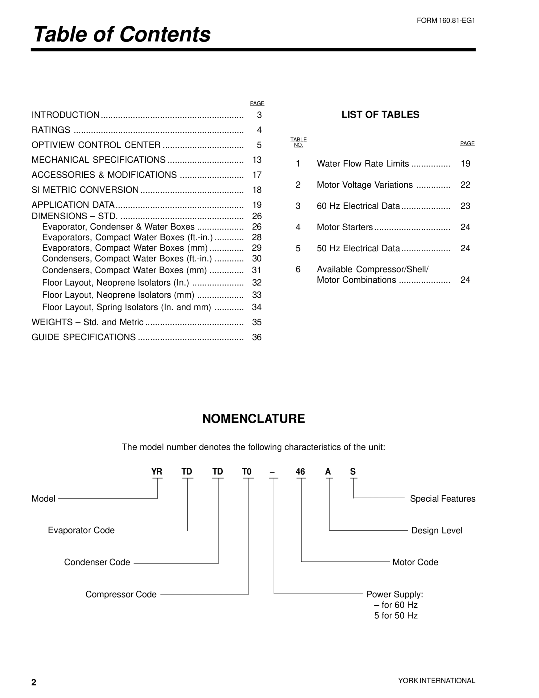 York YR manual Table of Contents 