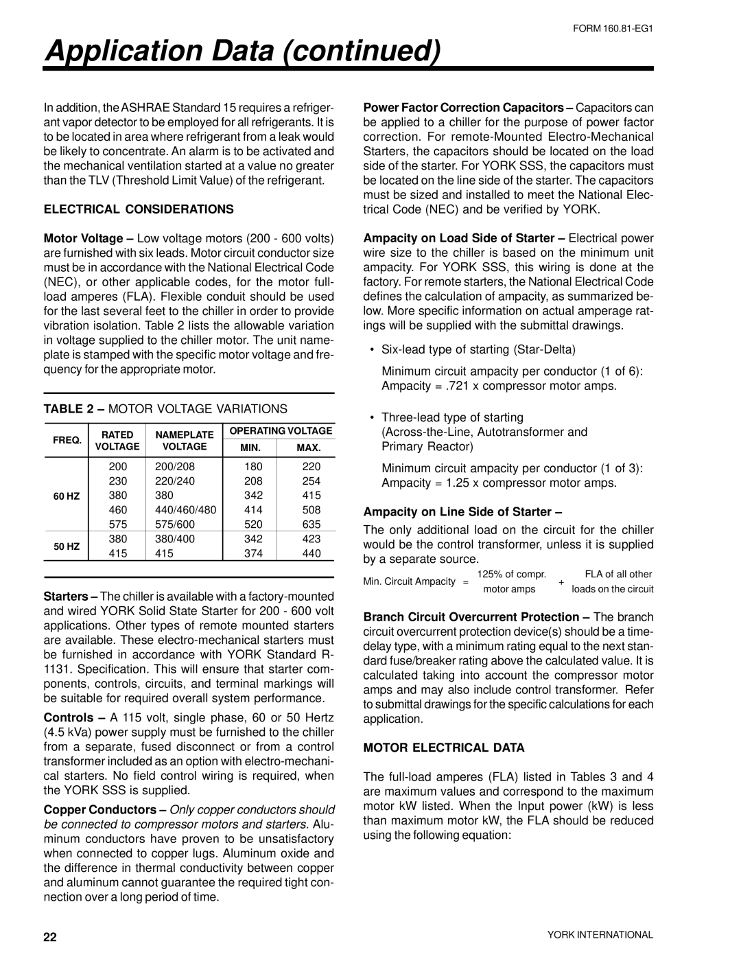 York YR manual Electrical Considerations, Ampacity on Line Side of Starter, Motor Electrical Data 