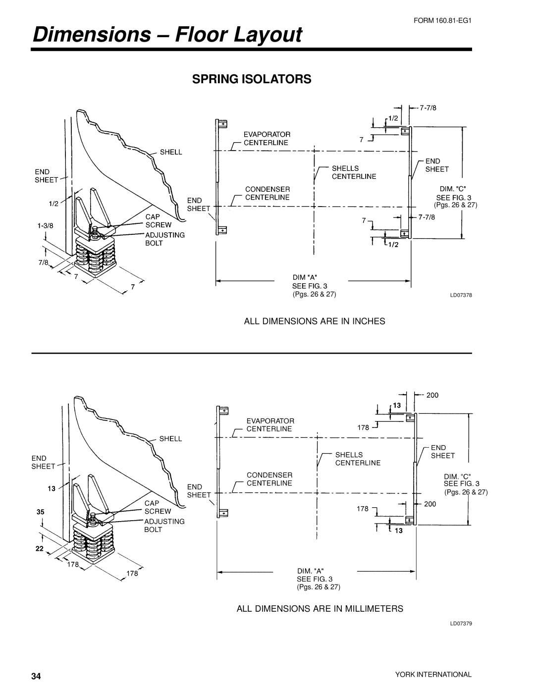 York YR manual Dimensions Floor Layout, Spring Isolators 