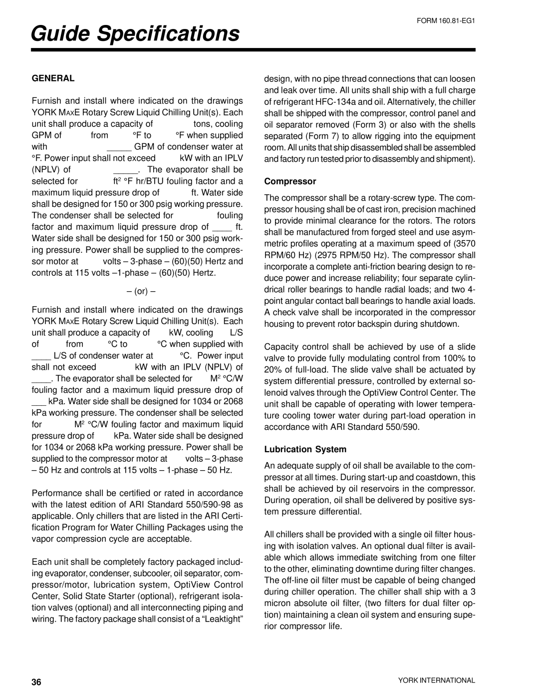 York YR manual Guide Specifications, Compressor, Lubrication System 