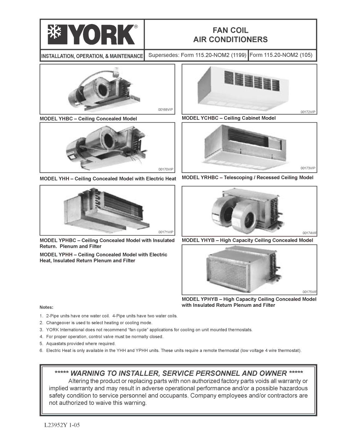 York YPHBC, YRHBC, YHYB, YPHYB, YHBC, YPHH, YHH warranty FAN Coil AIR Conditioners, With Insulated Return Plenum and Filter 