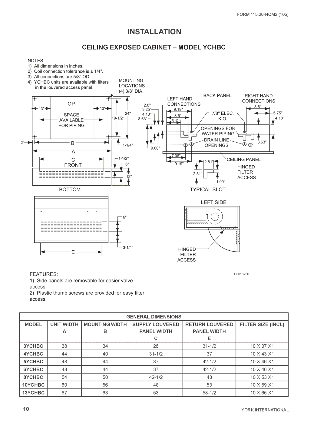 York YHYB, YRHBC, YPHBC, YPHYB, YHBC, YPHH, YHH, YCHBC warranty Ceiling Exposed Cabinet Model Ychbc 