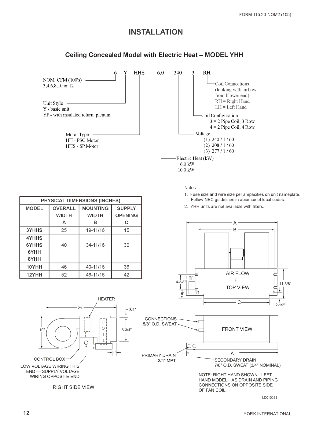 York YHBC, YRHBC, YPHBC, YHYB, YPHYB, YPHH, YCHBC warranty Ceiling Concealed Model with Electric Heat Model YHH 