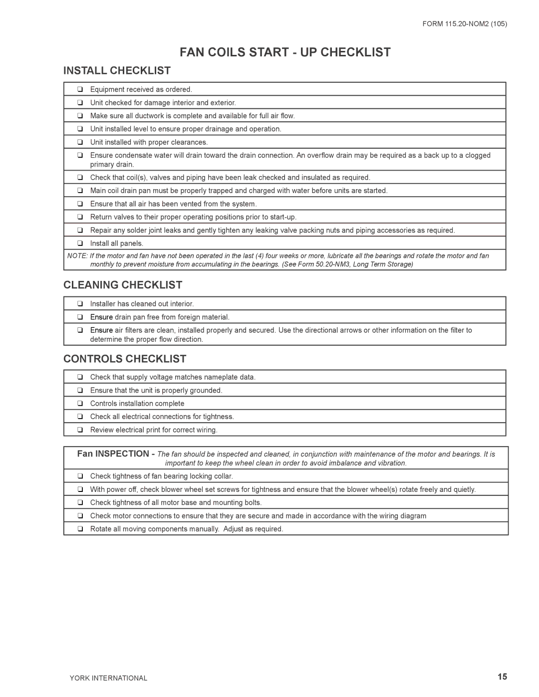 York YCHBC, YRHBC, YPHBC, YHYB, YPHYB, YHBC, YPHH, YHH warranty FAN Coils Start UP Checklist, Install Checklist 