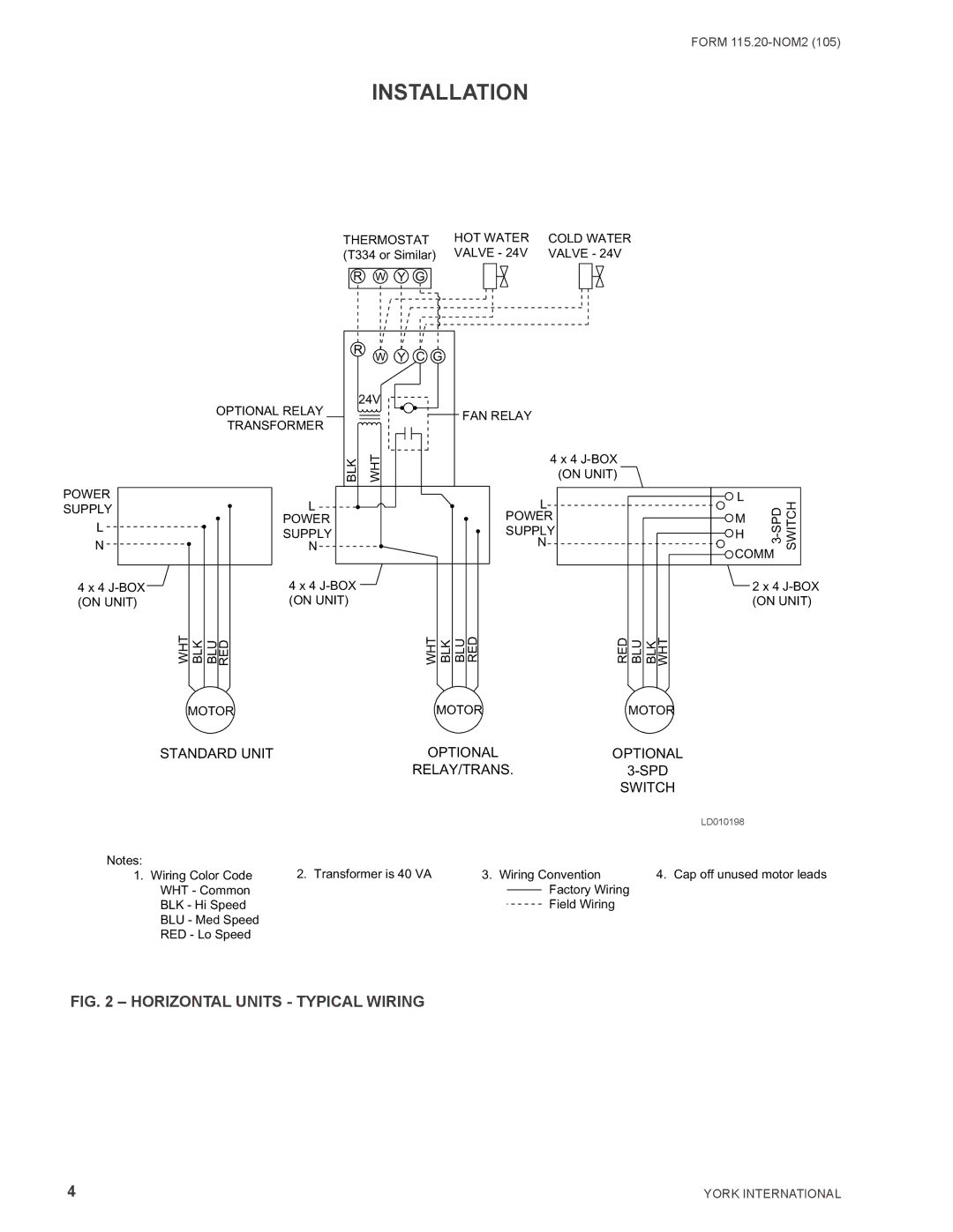 York YHBC, YRHBC, YPHBC, YHYB, YPHYB, YPHH, YHH, YCHBC warranty Horizontal Units Typical Wiring 