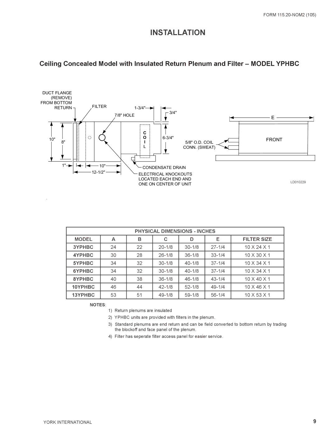 York YRHBC, YHYB, YPHYB, YHBC, YPHH, YHH, YCHBC warranty Physical Dimensions Inches Model Filter Size 3YPHBC 