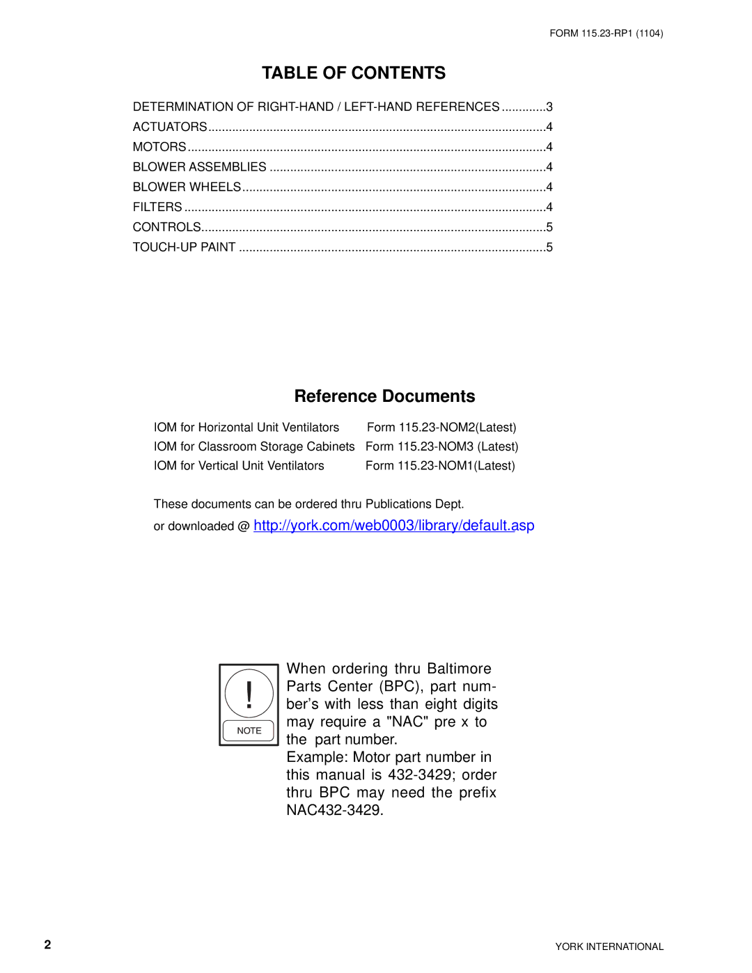 York YHCS, YTOW, YTOA, YHAB, YHB0, YHXW, YHCW, YHXS, YTOS, YH0S, YHXE, YH0W, YH0B, YH0A, YHA0 manual Table of Contents 