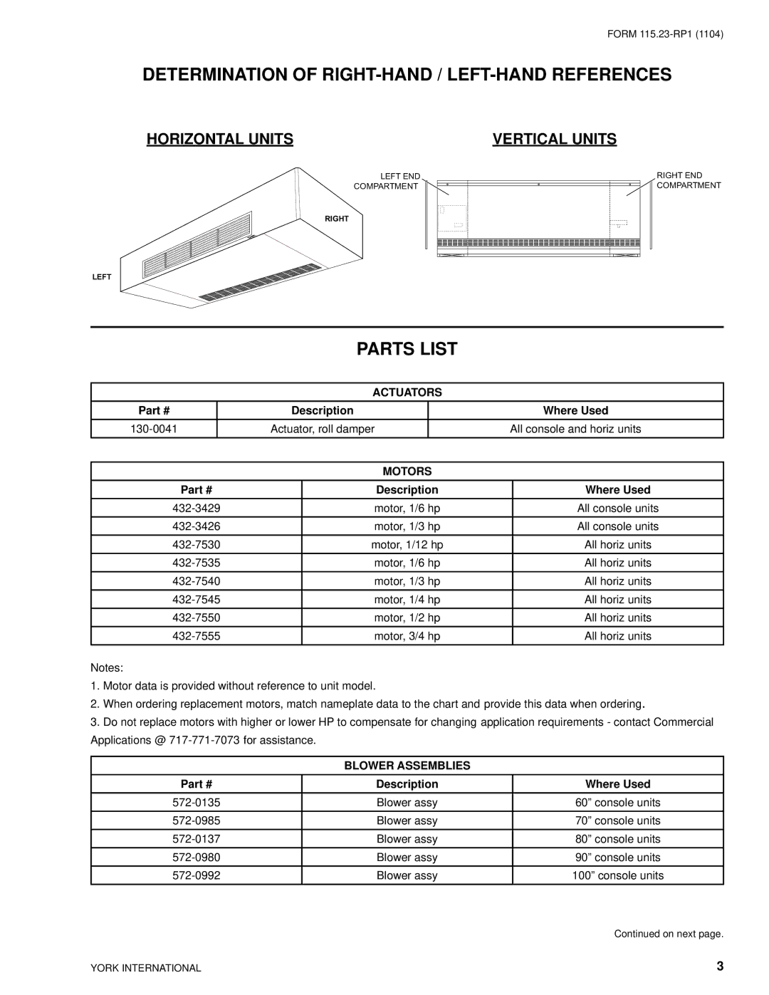 York YHAB, YTOW, YTOA Determination of RIGHT-HAND / LEFT-HAND References, Parts List, Actuators, Motors, Blower Assemblies 