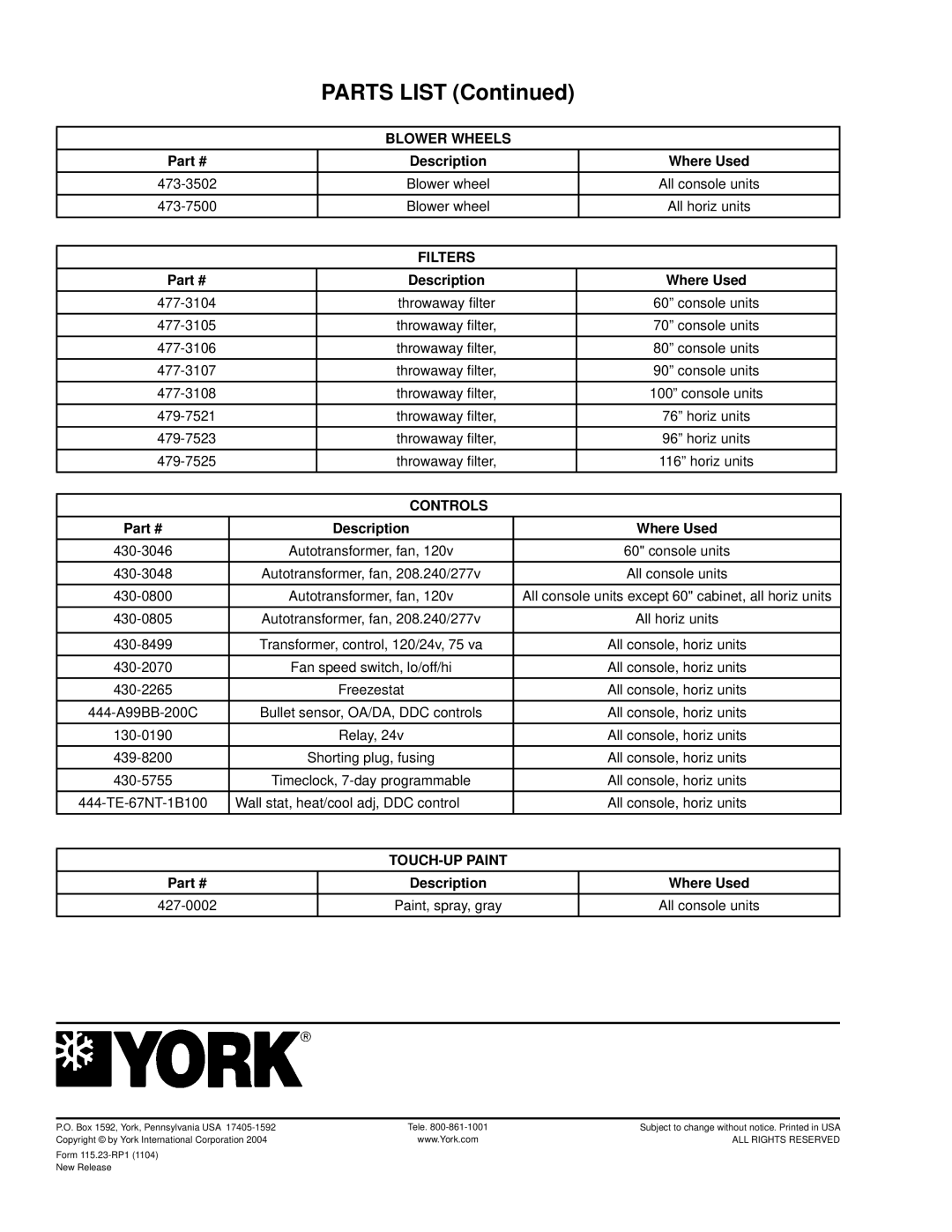 York YHB0, YTOW, YTOA, YHCS, YHAB, YHXW, YHCW, YHXS, YTOS, YH0S, YHXE Parts List, Blower Wheels, Filters, Controls, TOUCH-UP Paint 