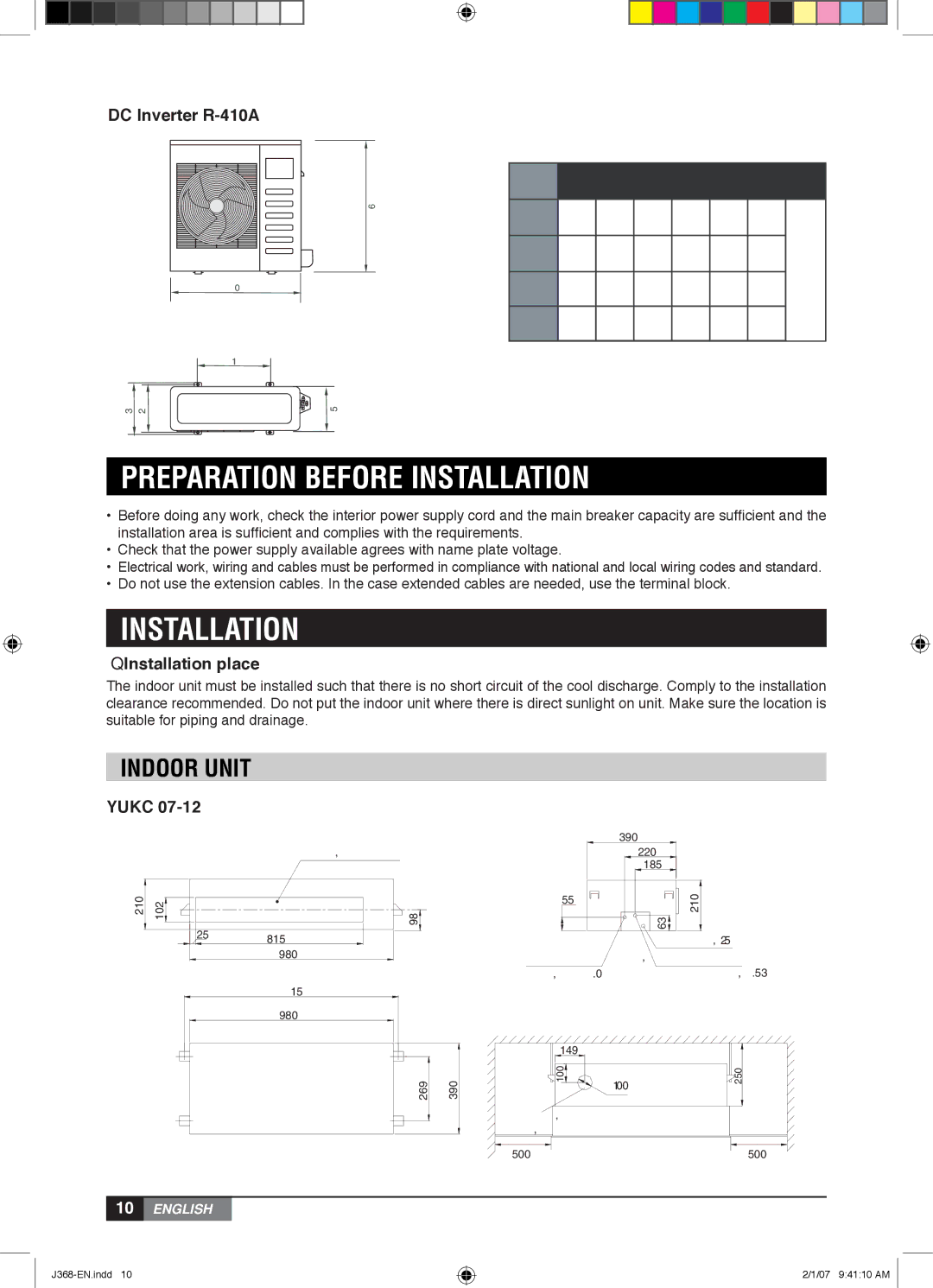 York YUHC 07-18, YUHC 18-60 owner manual Preparation Before Installation, Indoor Unit 