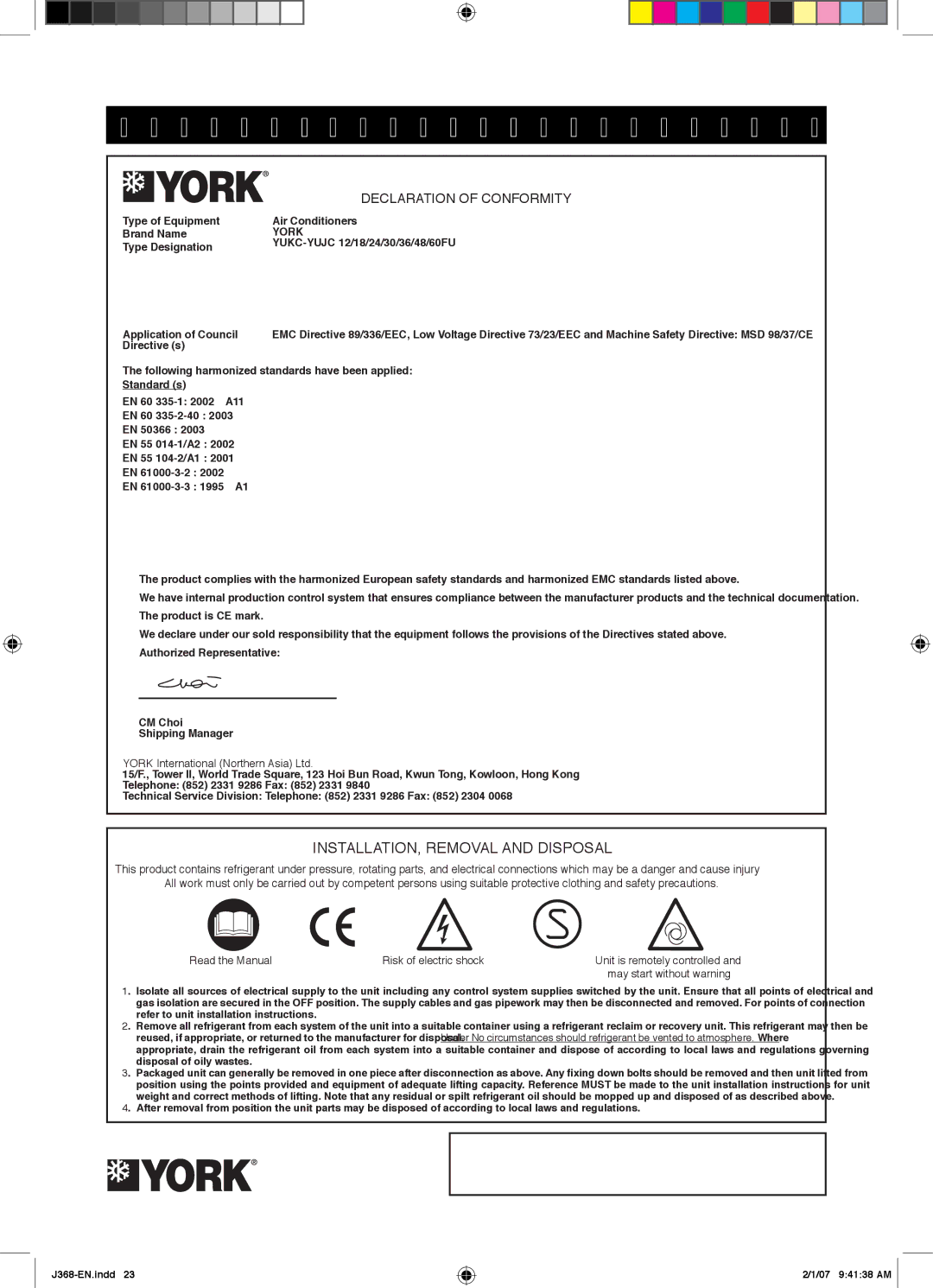 York YUHC 18-60, YUHC 07-18 owner manual Declaration of Conformity 