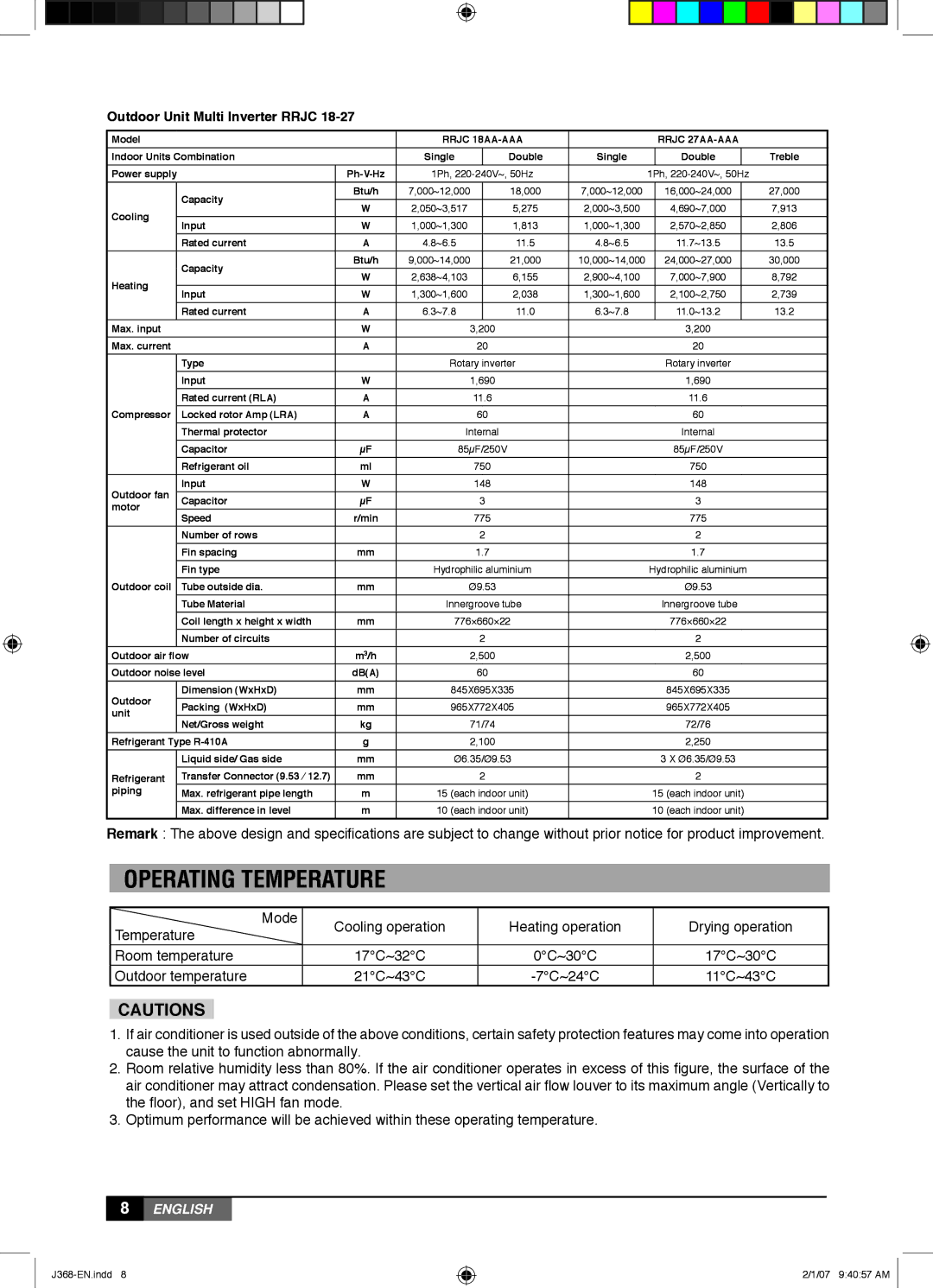 York YUHC 07-18, YUHC 18-60 owner manual Operating Temperature, Outdoor Unit Multi Inverter Rrjc 