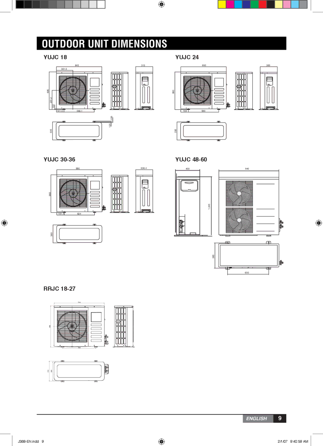 York YUHC 18-60, YUHC 07-18 owner manual Outdoor Unit Dimensions, Yujc, Rrjc 