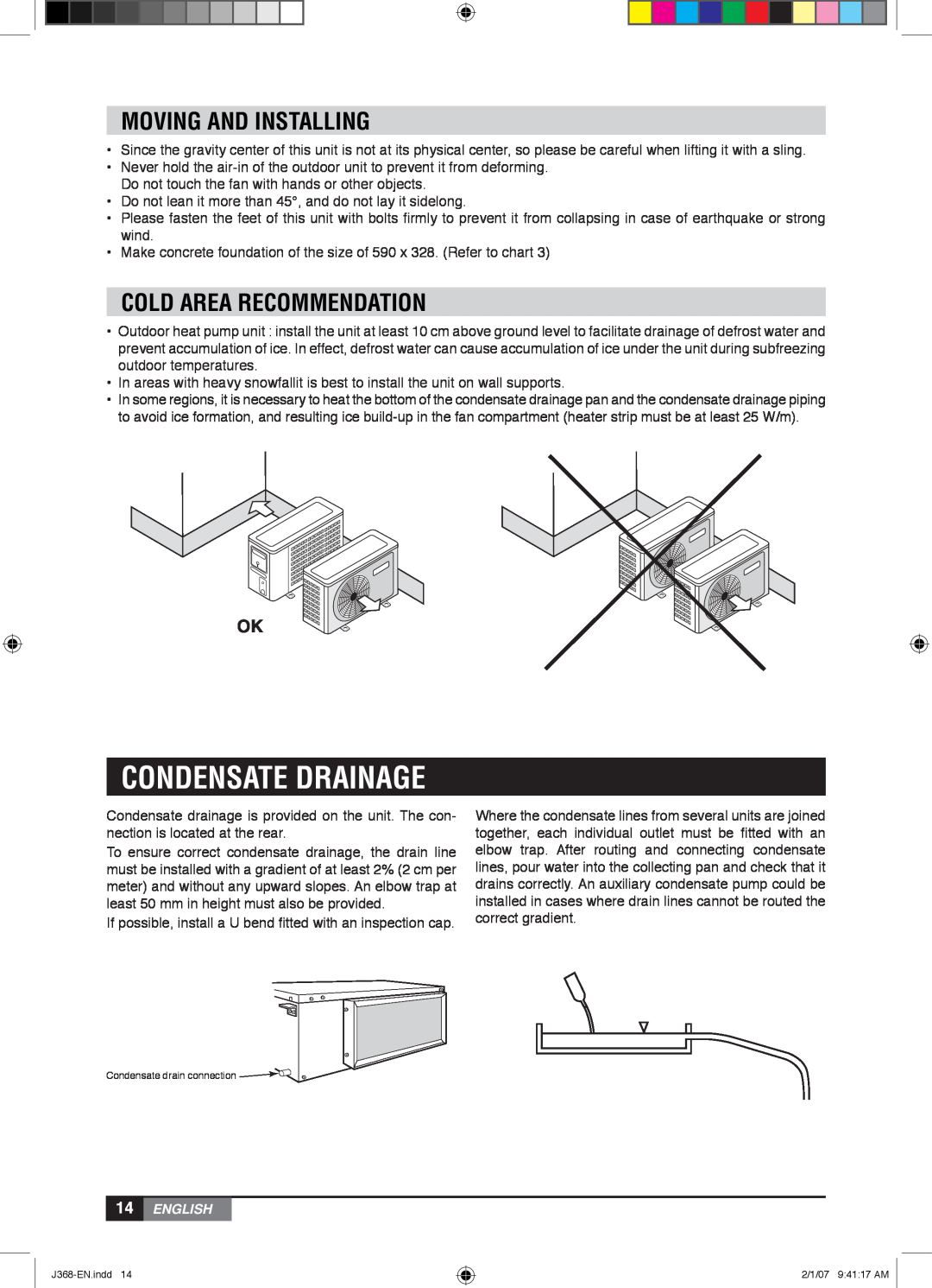 York YUHC 07-18, YUHC 18-60 owner manual Moving And Installing, Cold Area Recommendation, Condensate Drainage, 14ENGLISH 