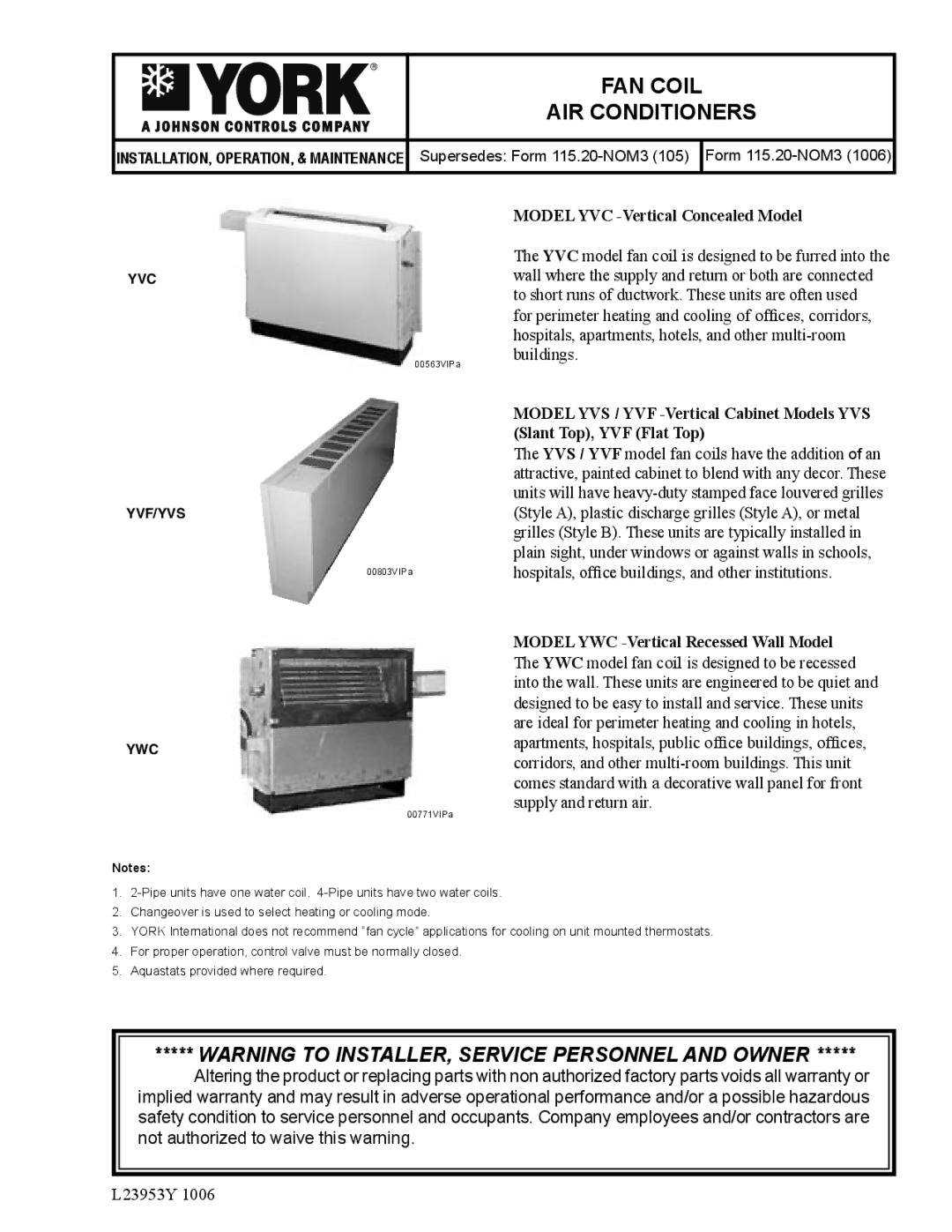 York YWC, YVF/YVS warranty FAN Coil AIR Conditioners, Model YVC -Vertical Concealed Model 