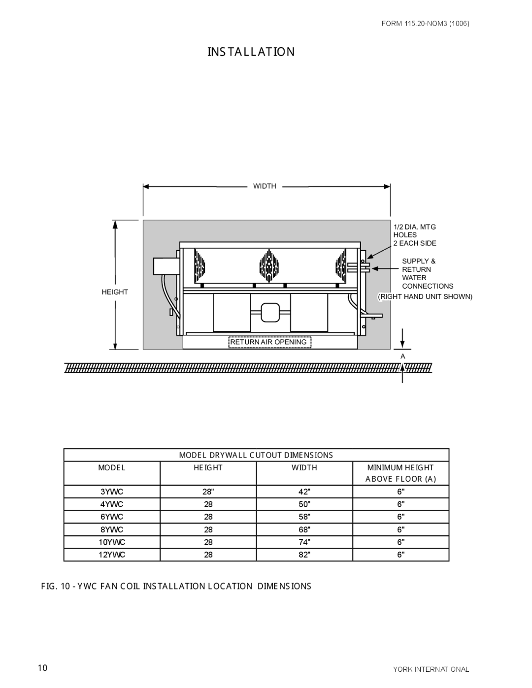 York YVC, YVF/YVS warranty YWC FAN Coil Installation Location Dimensions 