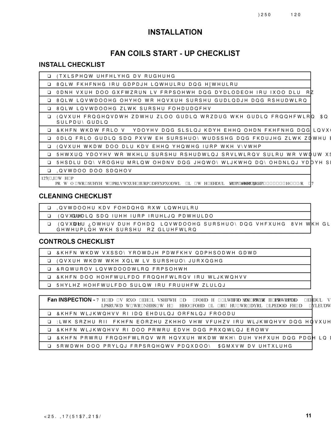 York YVF/YVS, YVC, YWC warranty Installation FAN Coils Start UP Checklist, Install Checklist 