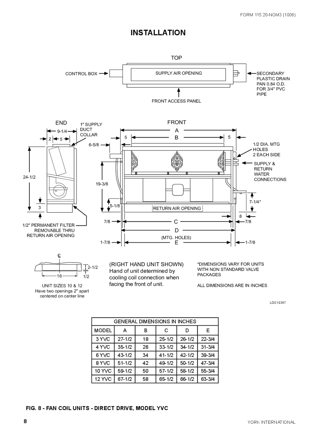 York YVF/YVS, YWC warranty FAN Coil Units Direct DRIVE, Model YVC 