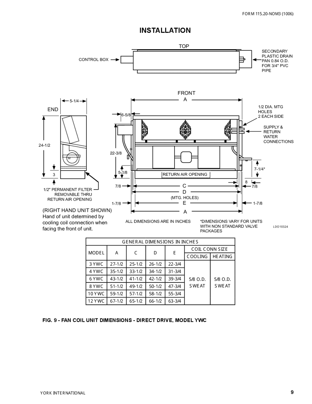 York YVC, YVF/YVS warranty FAN Coil Unit Dimensions Direct DRIVE, Model YWC 