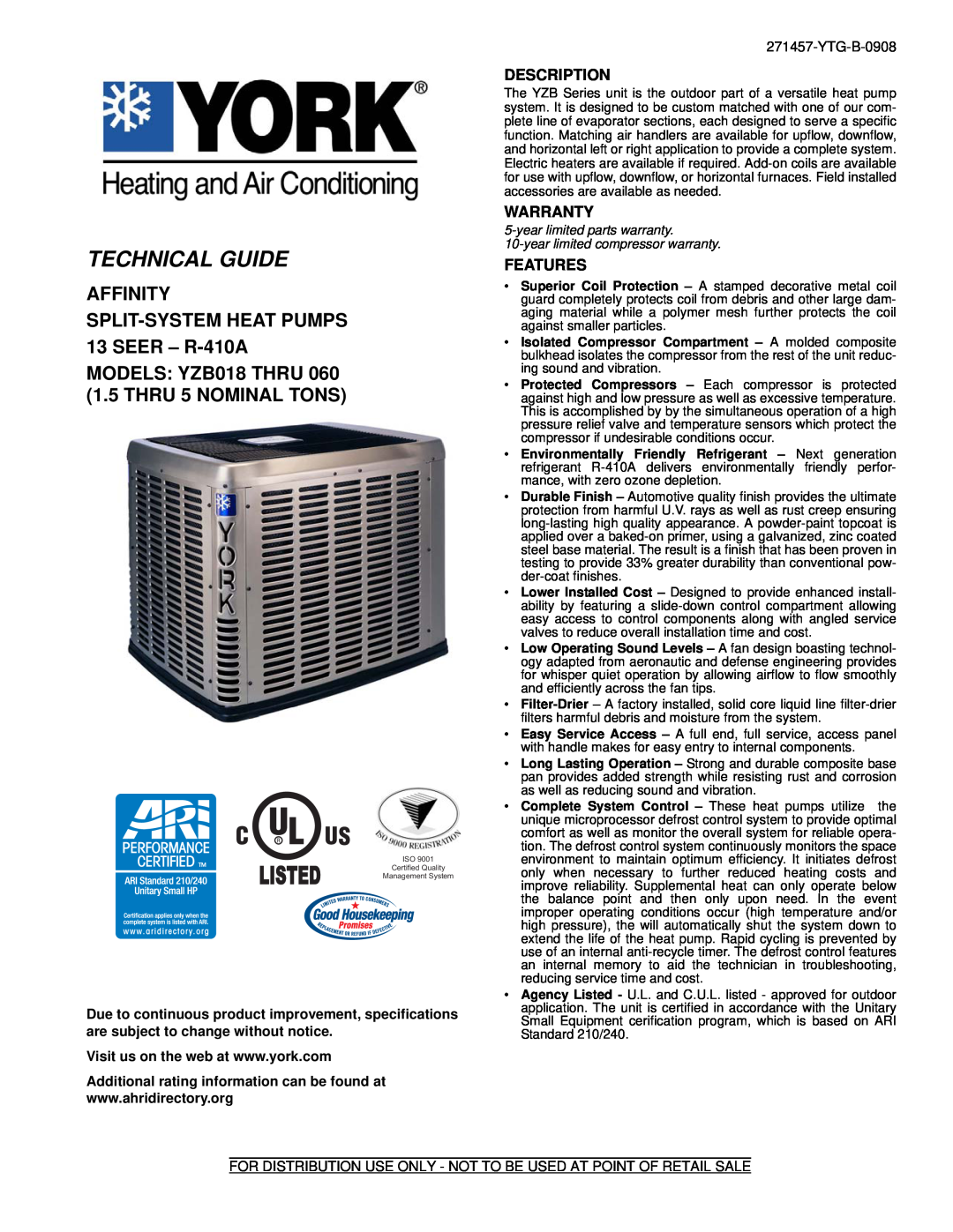 York YZB018 THRU 060 warranty Listed, Technical Guide, AFFINITY SPLIT-SYSTEMHEAT PUMPS 13 SEER - R-410A 