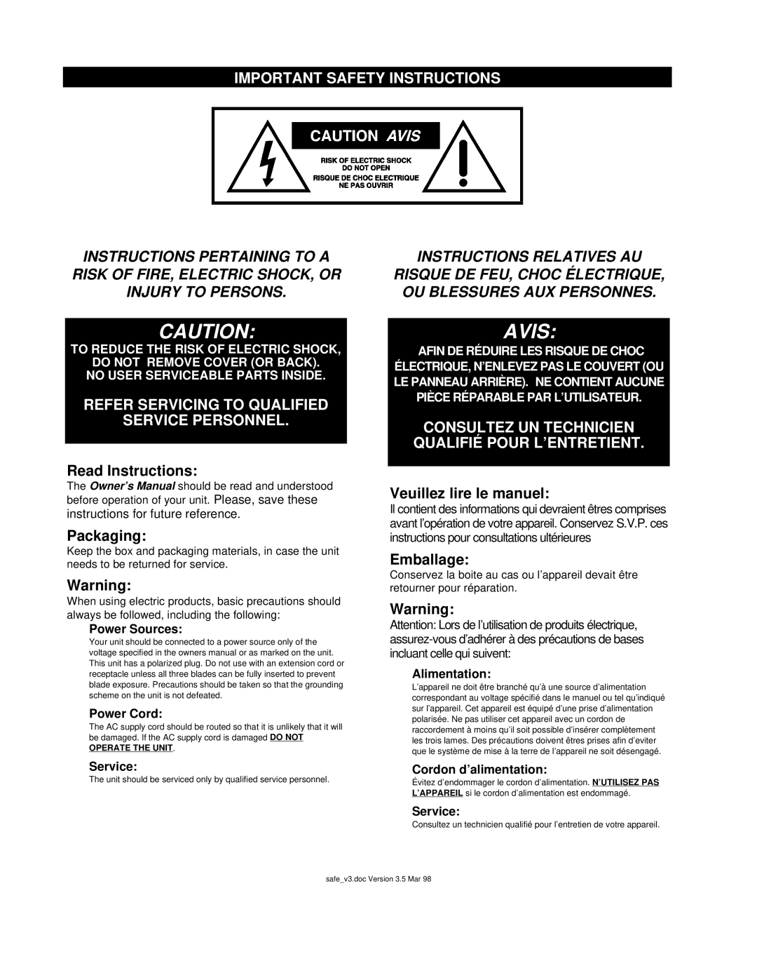 Yorkville Sound 200 manual Read Instructions, Packaging, Veuillez lire le manuel, Emballage 