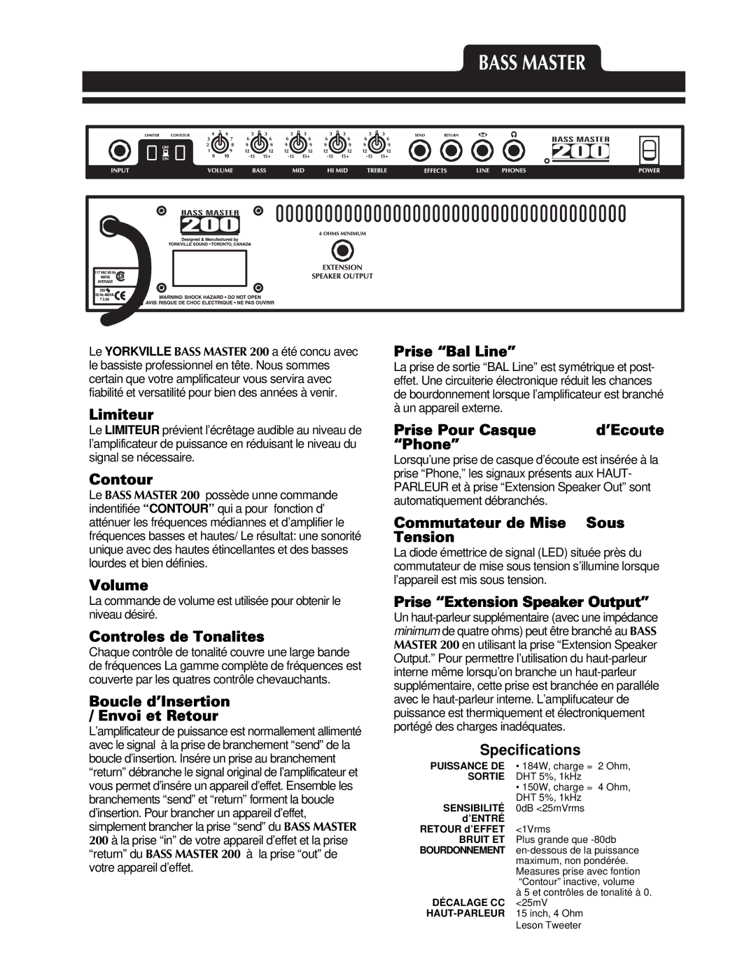 Yorkville Sound 200 manual Limiteur, Controles de Tonalites, Boucle d’Insertion / Envoi et Retour, Prise Bal Line 