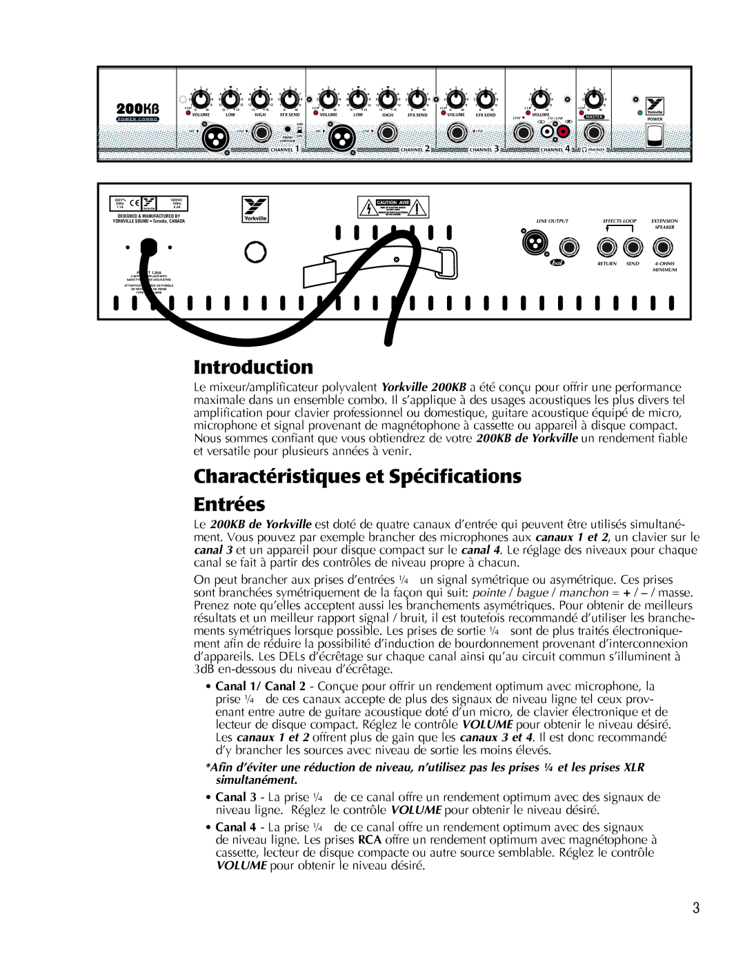 Yorkville Sound 200KB manual Charactéristiques et Spécifications Entrées 