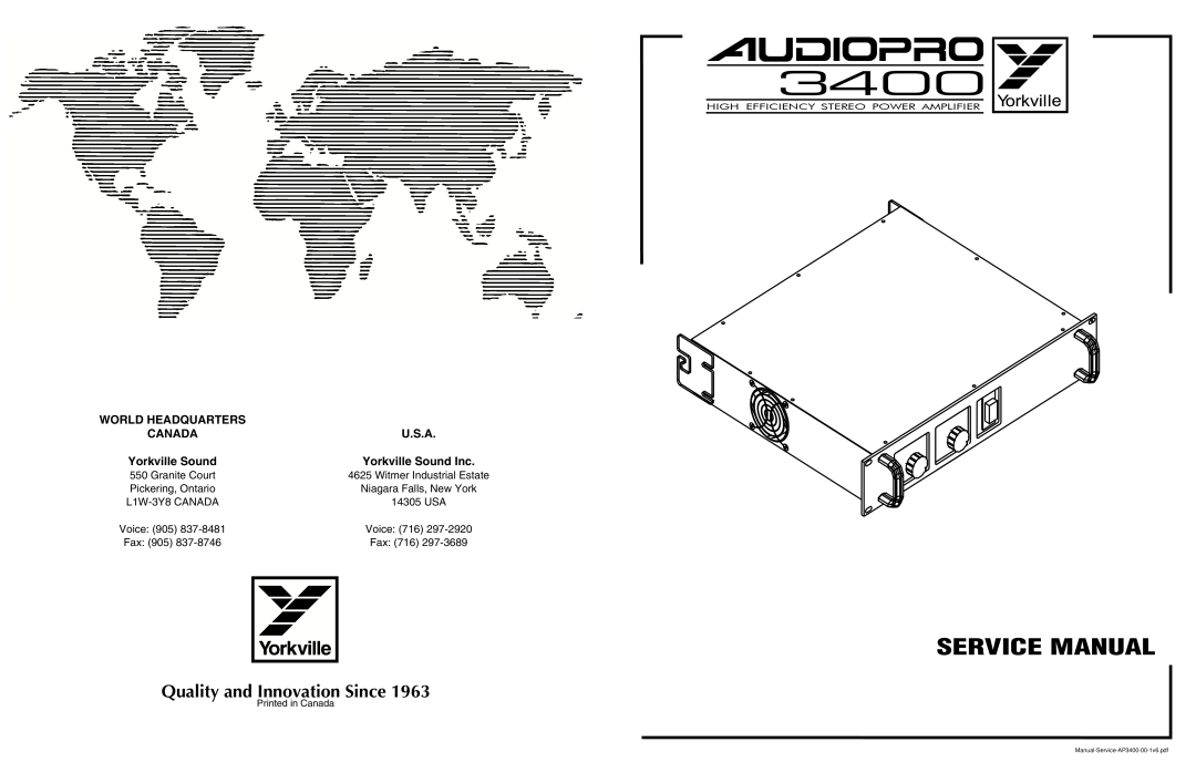 Yorkville Sound 3400 service manual Quality and Innovation Since, High Efficiency Stereo Power Amplifier, Canada, U.S.A 