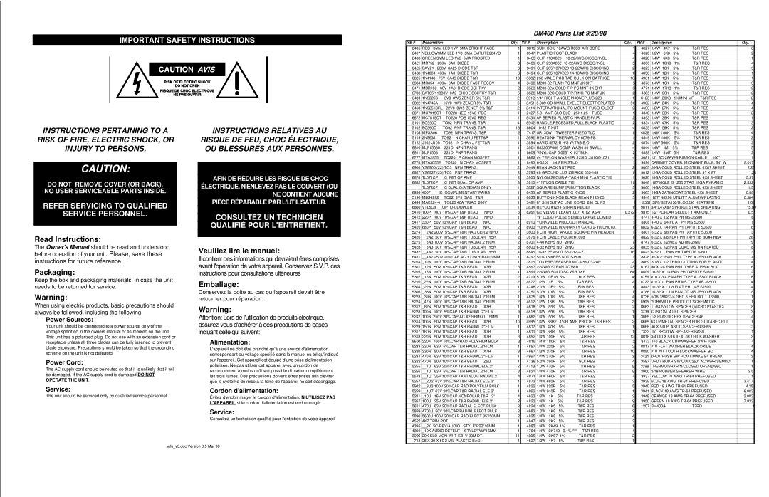 Yorkville Sound 400 service manual Read Instructions, Packaging, Veuillez lire le manuel, Emballage 