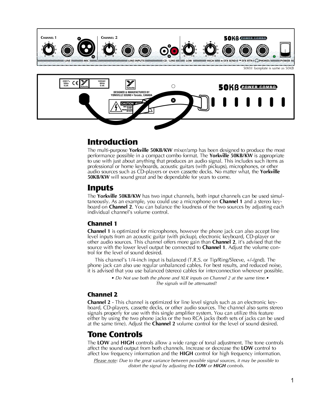 Yorkville Sound 50KB, 50KW owner manual Introduction, Inputs, Tone Controls 