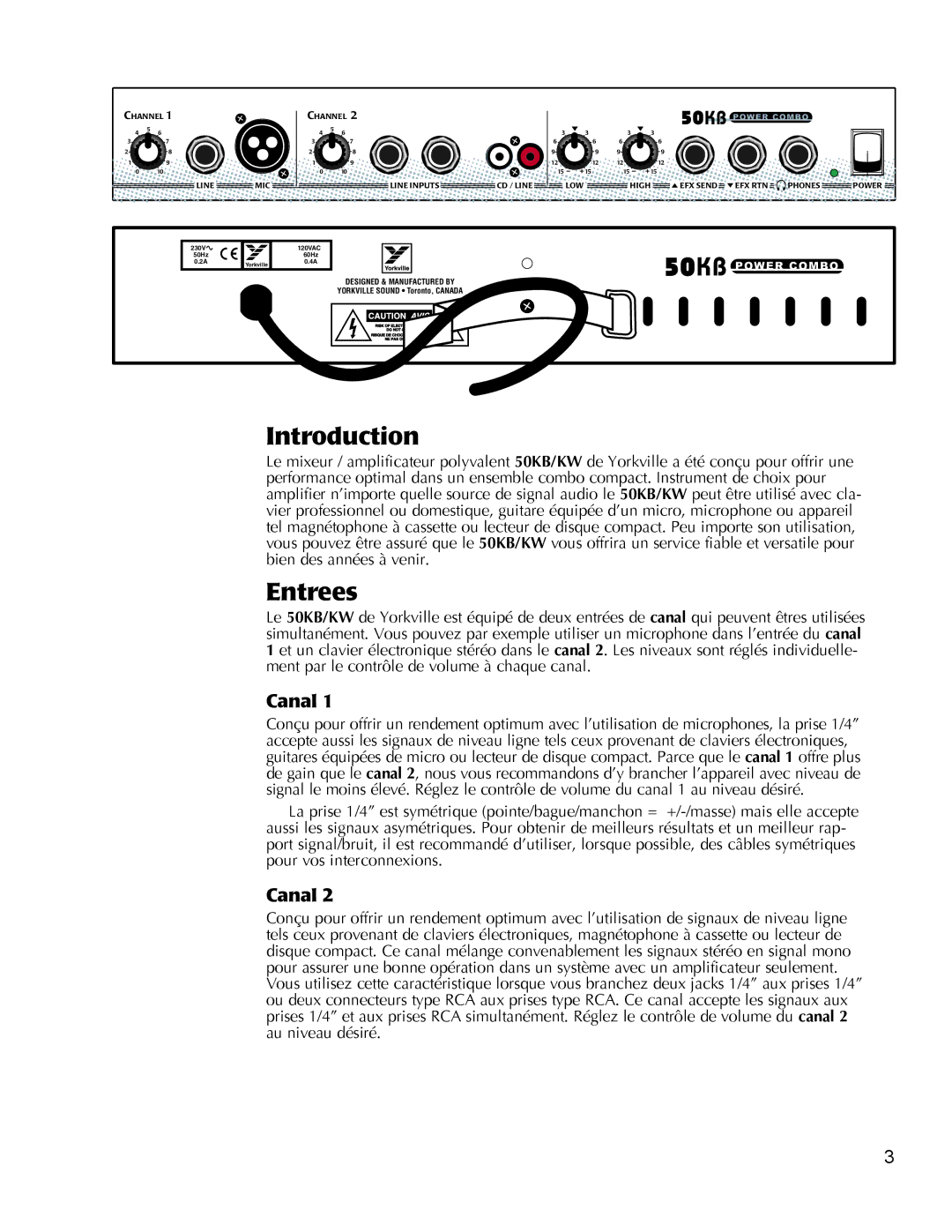 Yorkville Sound 50KB, 50KW owner manual Entrees, Canal 