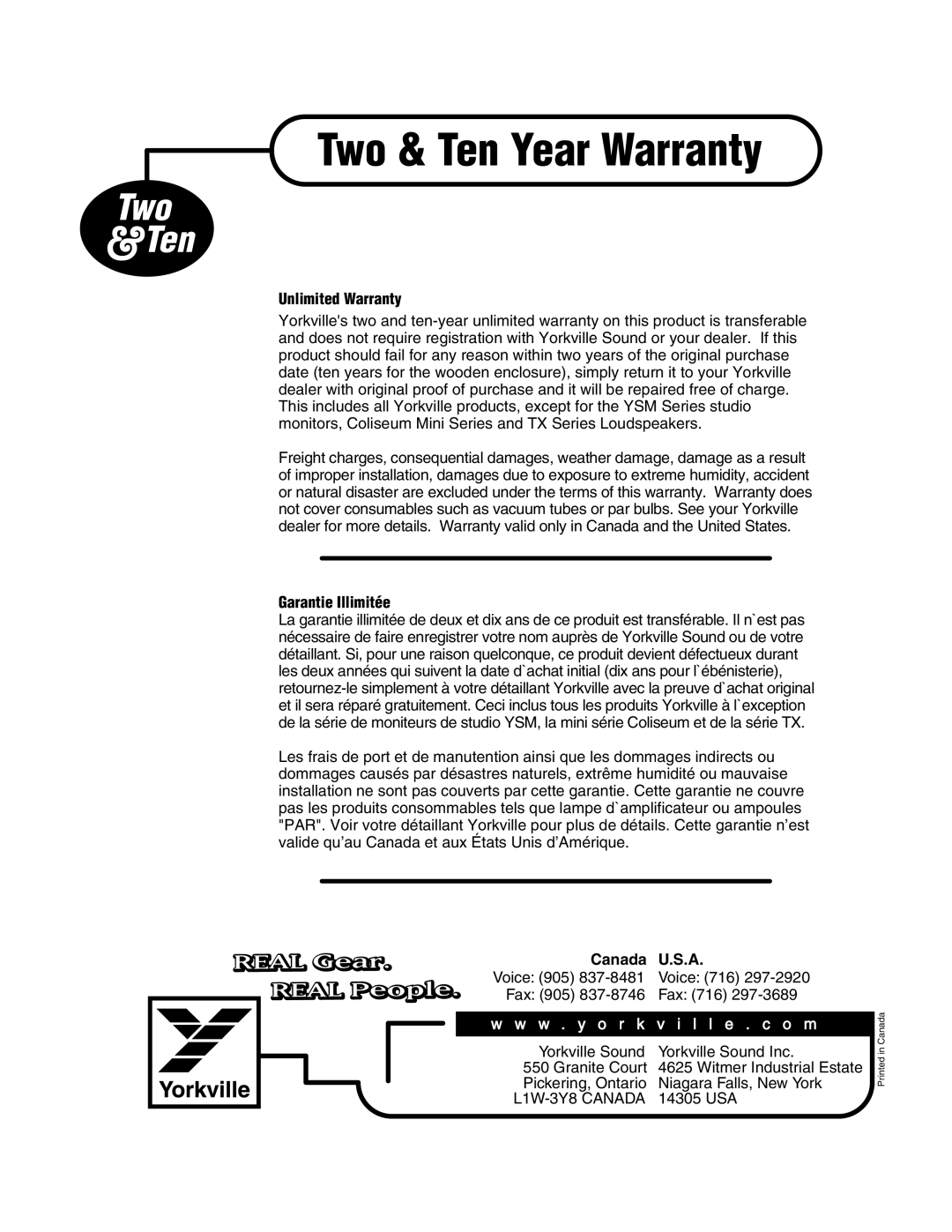 Yorkville Sound 50KB, 50KW owner manual Two & Ten Year Warranty 