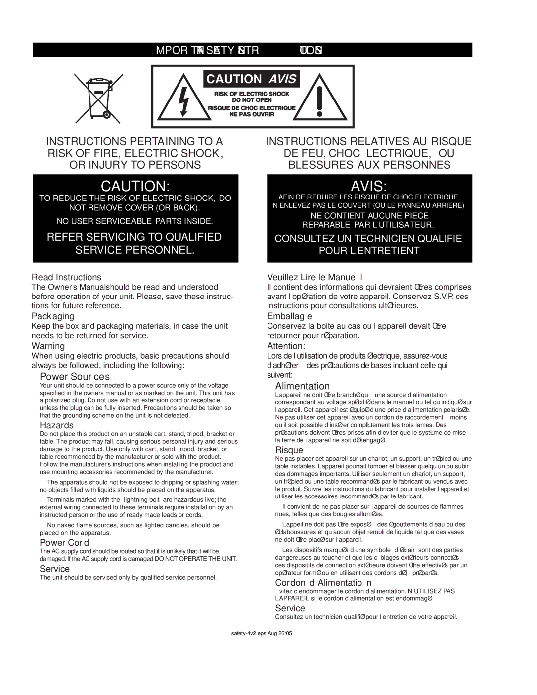 Yorkville Sound AP1020 Read Instructions, Veuillez Lire le Manuel, Packaging, Emballage, Hazards, Power Cord, Service 