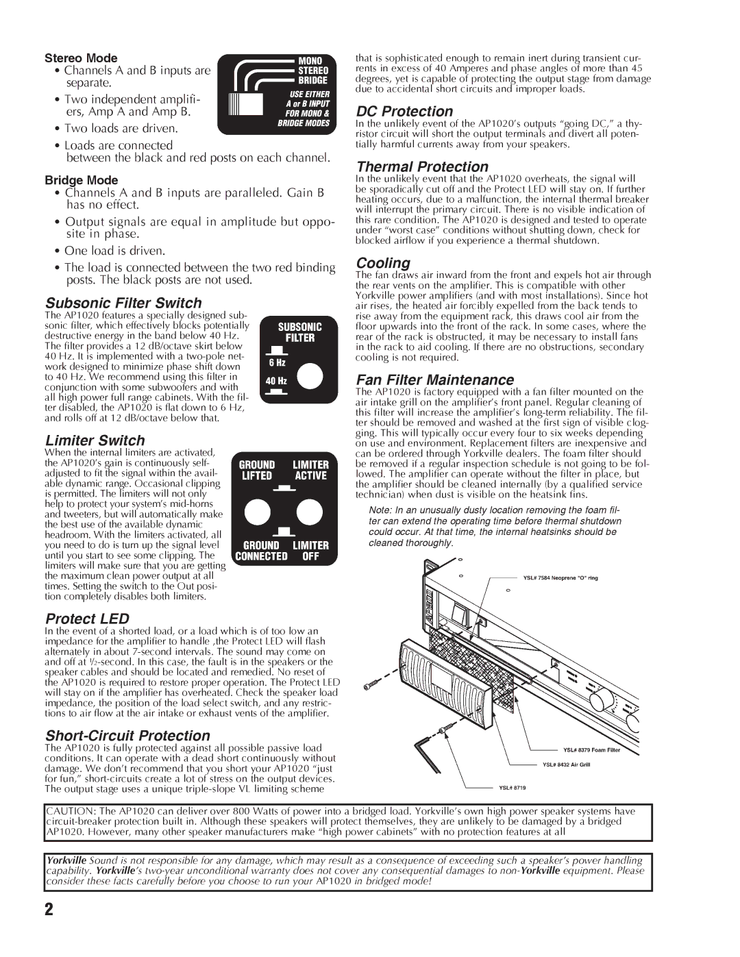 Yorkville Sound AP1020 manual Subsonic Filter Switch, Limiter Switch, Protect LED, Short-Circuit Protection, DC Protection 