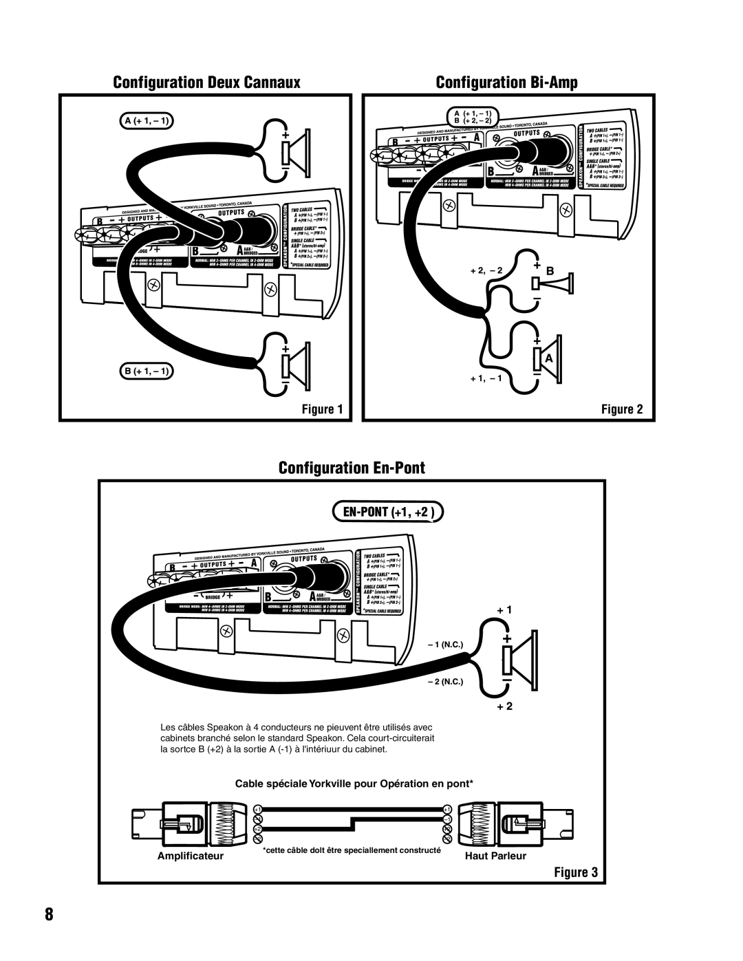 Yorkville Sound AP1020 manual Configuration Deux Cannaux, Configuration Bi-Amp, Configuration En-Pont, Amplificateur 