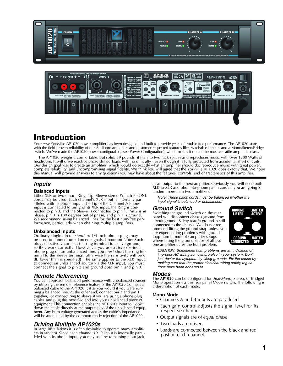 Yorkville Sound manual Introduction, Inputs, Ground Switch, Remote Referencing, Driving Multiple AP1020s, Modes 