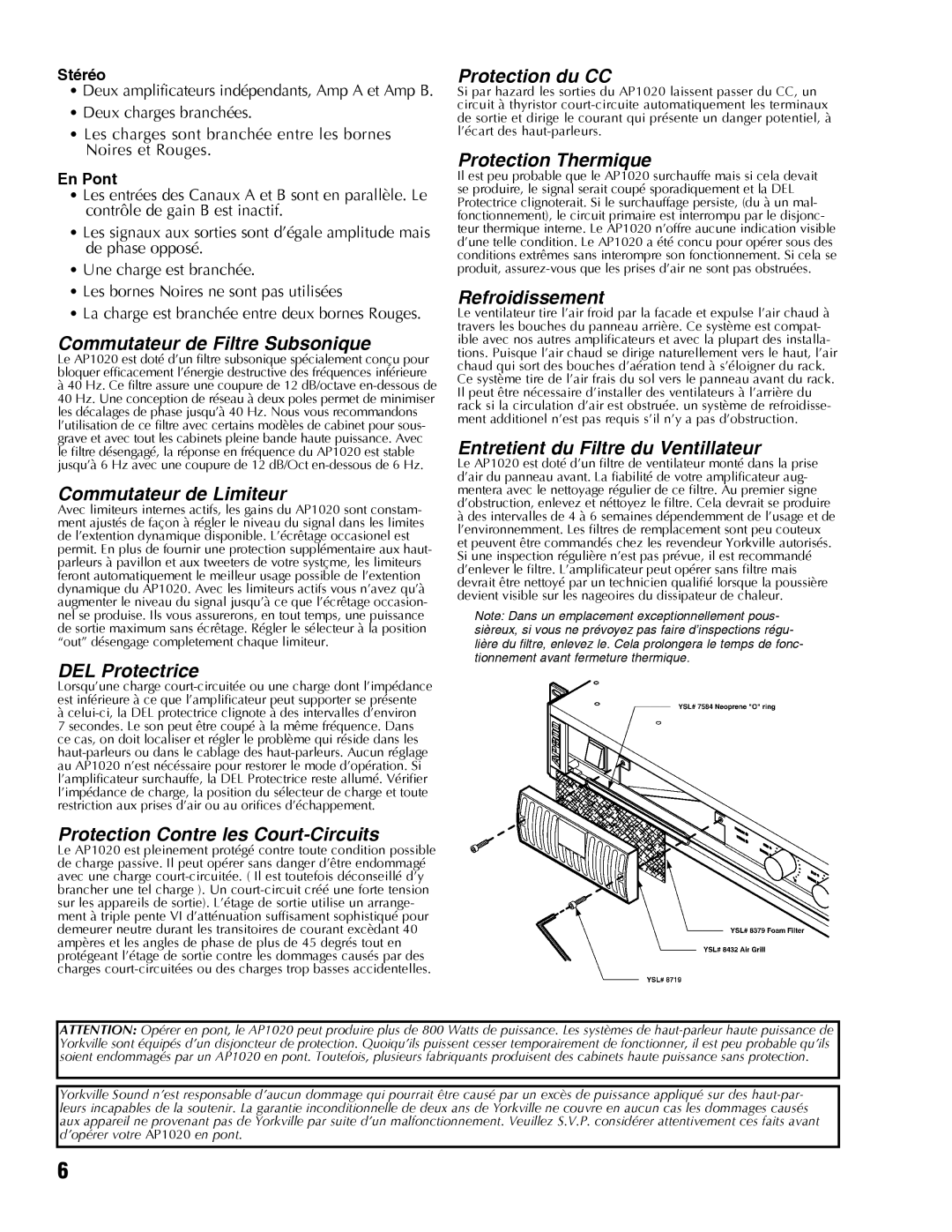 Yorkville Sound AP1020 manual Commutateur de Filtre Subsonique, Commutateur de Limiteur, DEL Protectrice, Protection du CC 